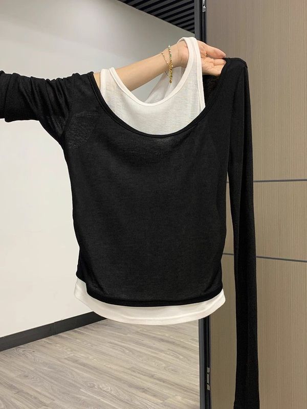 【自社工場在庫あり】フェイクツーピースコントラストカラー長袖Tシャツレディースプリーツウエスト痩身インナーベストトップ|undefined