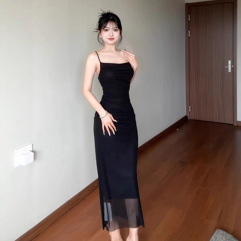 法式咖色吊带连衣裙女夏季网纱拼接收腰修身裙子纯欲紧身包臀长裙|undefined