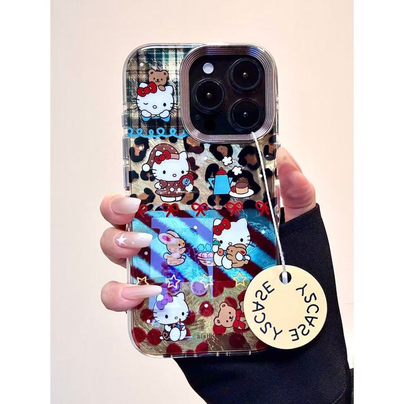 可爱卡通拼接锡纸纹豹纹Kitty小免IMD手机壳适用iPhone16151413壳|undefined