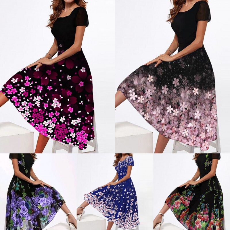 2021 European and American Cross-Border Women's Clothing Aliexpress Independent Station Square Collar Short-Sleeved Positioning Multi-Color Printing