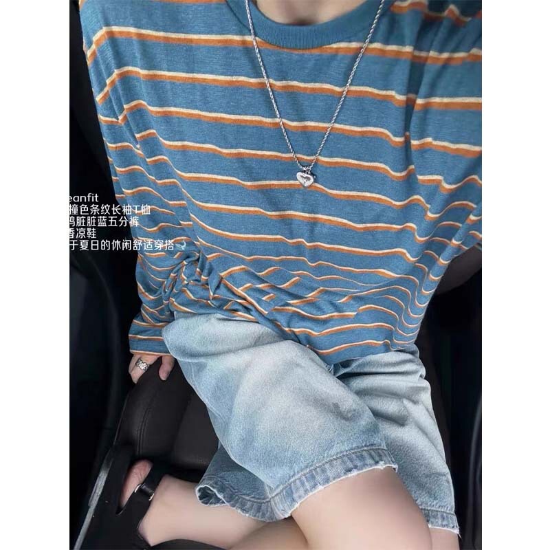 Slimming Effect~Hemp Stripes~High-End Store-Quality~Color-Blocked Striped Tencel Long-Sleeve Round-Neck T-Shirt Top, Spring Style Slimming Effect~Hemp Stripes~High-End Store-Quality~Color-Blocked Striped Tencel Long-Sleeve Round-Neck T-Shirt Top, Spring Style