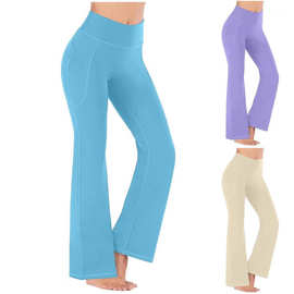 2025外贸款跨境亚马逊瑜伽裤欧美高腰口袋喇叭阔腿性感跑步裤女提