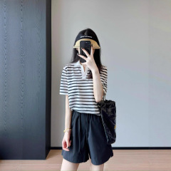 明X同款柜面1.2K~天丝亚麻黑白条纹翻领轻薄针织衫洋气女夏季新25