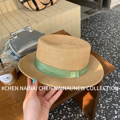 法式優雅復古平頂草帽女高級赫本風防曬遮陽帽海邊度假草編太陽帽