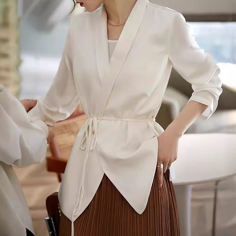 French satin suit shirt for women Spring and Autumn new small versatile slim top loose lace-up long sleeve shirt French satin suit shirt for women Spring and Autumn new small versatile slim top loose lace-up long sleeve shirt