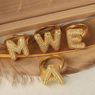 Cross-Border European and American Versatile 26 Letter Rings Copper Inlaid with Zircon Open Niche Accessible Luxury Non-Fading Jewelry Hand Jewelry for Women