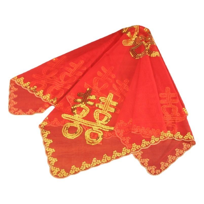 Venta al por mayor nudo boda suministros nupcial accesorios personalizados cubierta roja bufanda lentejuelas doble felicidad cubierta roja