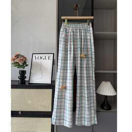 2025时尚新款多巴胺格子裤女春秋季高腰直筒休闲慵懒风山本阔腿裤