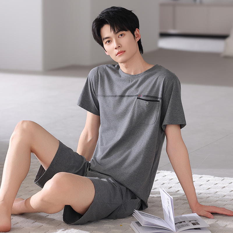 Pajamas Men's Pure Cotton Thin Home Clothes Set Can Be Worn Outside Round Neck Pullover Pure Cotton Comfortable Short-Sleeved Shorts Suit Men