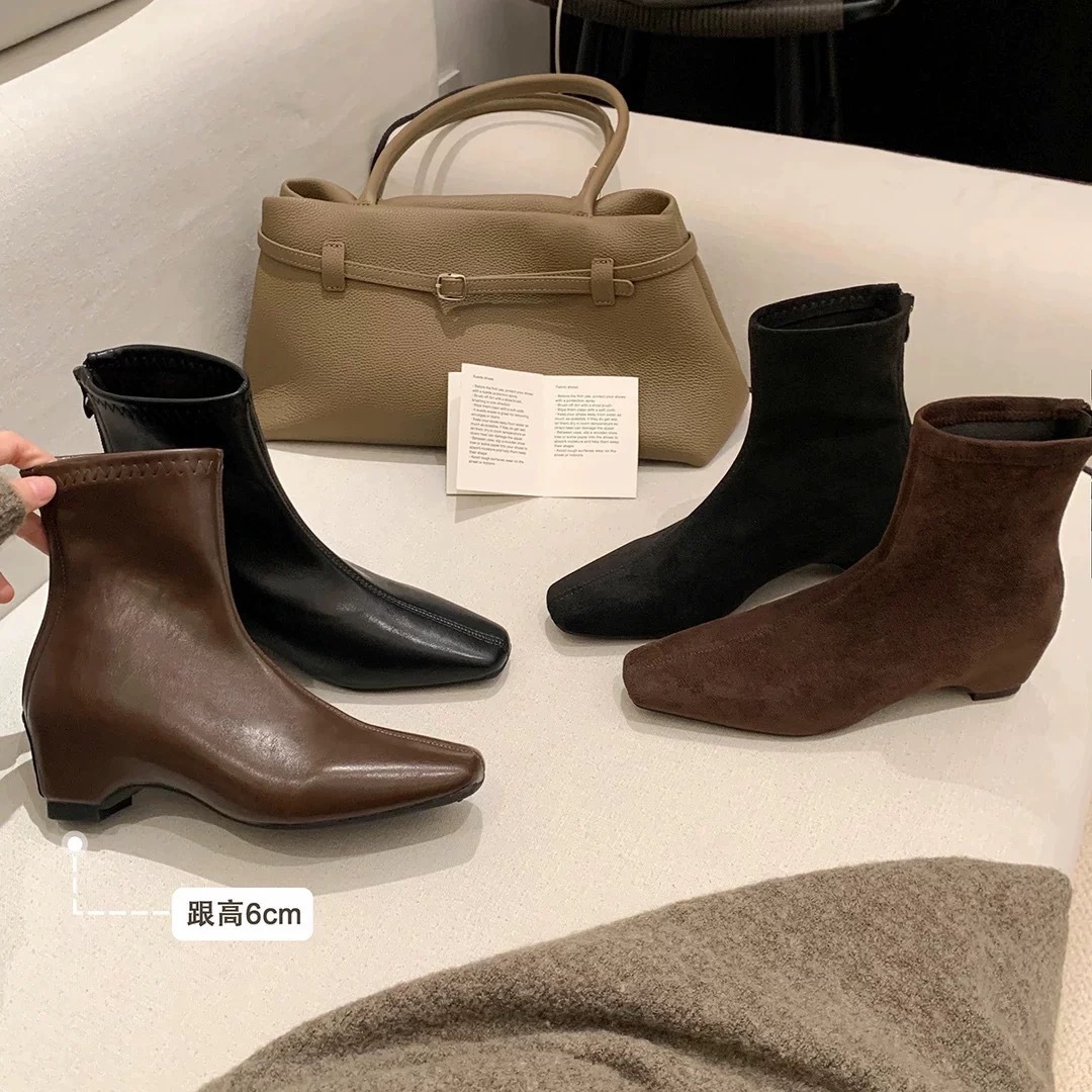 Cowhide Version ~ Grape Ma Same Style Genuine Leather Boots with 6cm Inner Height Increase, Square Toe, Rear Zipper, Slim Boots, Women's Short Boots