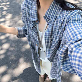 韩版蓝色格子衬衫女春秋2026新款慵懒风衬衣宽松显瘦上衣
