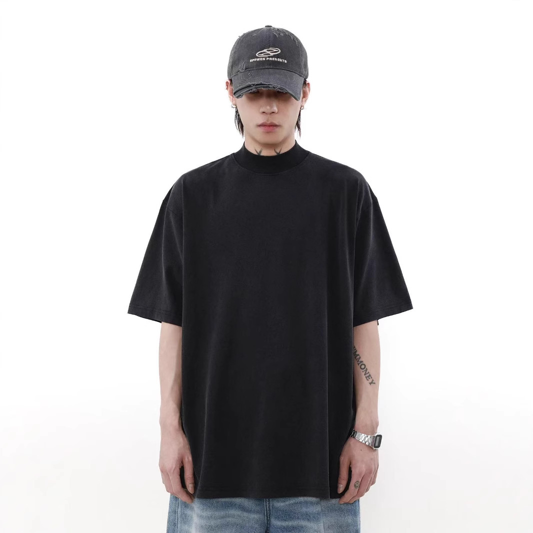 320Gba estilo de casa pequeño cuello de cuello alto mangas cortas camiseta de hombre hombro caído casual pareja casual en la parte superior versátil