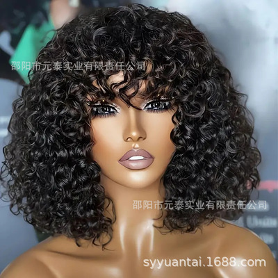 Bouncy Curly Human Hair Wig With Bangs Curly Synthetic Wigs|ru
