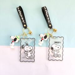Transparent sliding card case with lanyard, for campus meal cards, work IDs, and international travel, featuring Snoopy with embossed design and a long lanyard.