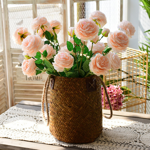 Pastoral straw flower baskets and flower pots, dried flower baskets, hand-woven storage baskets, rattan and bamboo woven living room decorative flower utensils