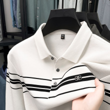 主推款品牌秋季条纹翻领纽扣POLO衫男商务休闲长袖T恤中年打底衫