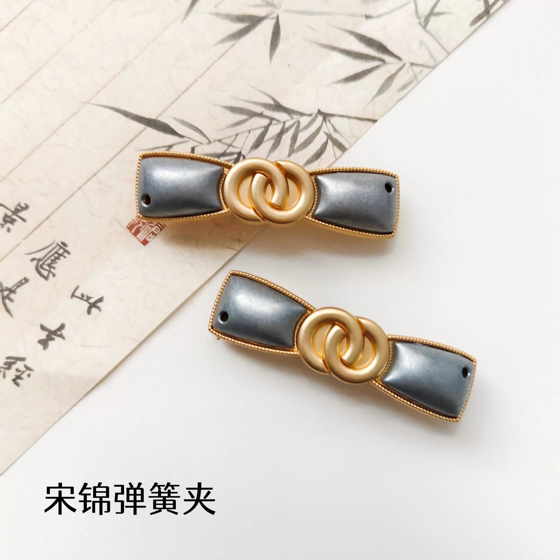 宋锦哑金双圈蝴蝶结弹簧夹新中式创意发夹轻奢小众diy饰品发夹