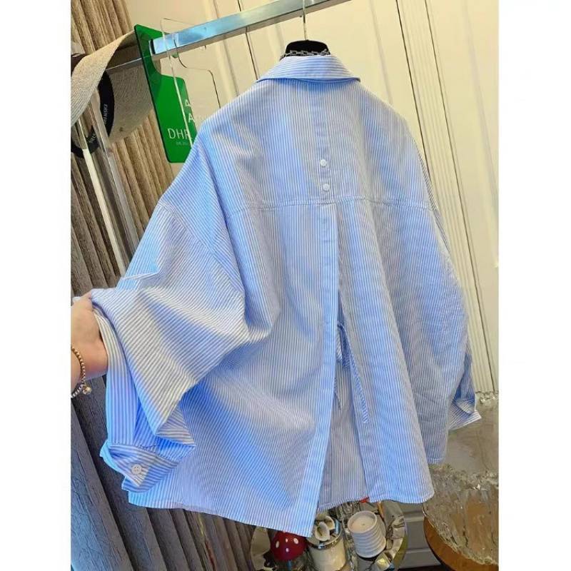 European Retro Blue Striped Long-Sleeve Shirt for Women, Summer Design with Back Slit and Tie, Casual Loose Top Trendy