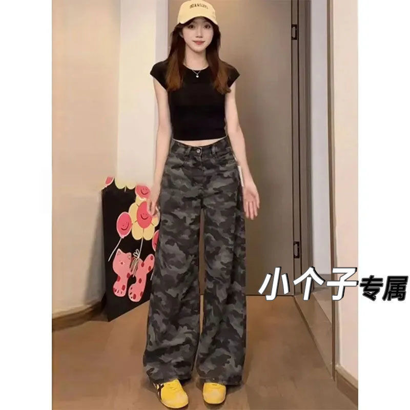 American Retro Camouflage Work Pants for Women, Summer Thin Style, Plus Size, High-Waisted, Slimming, Casual Denim Long Pants