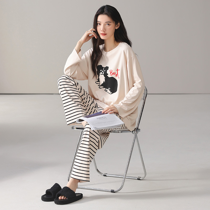New Spring and Autumn Pajamas for Women, Pure Cotton Long-Sleeved Trousers Suit, Simple and Casual, Can Be Worn Outside, Home Clothes Manufacturer Wholesale