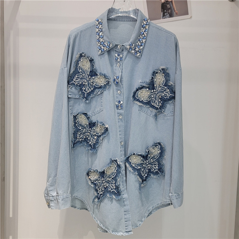 Suéter vaquero de diamante con cuentas de clavos de Heavy Industries blusa de mariposa femenina bordada con diamantes con solapa suelta de media y larga moda de blusa image 1