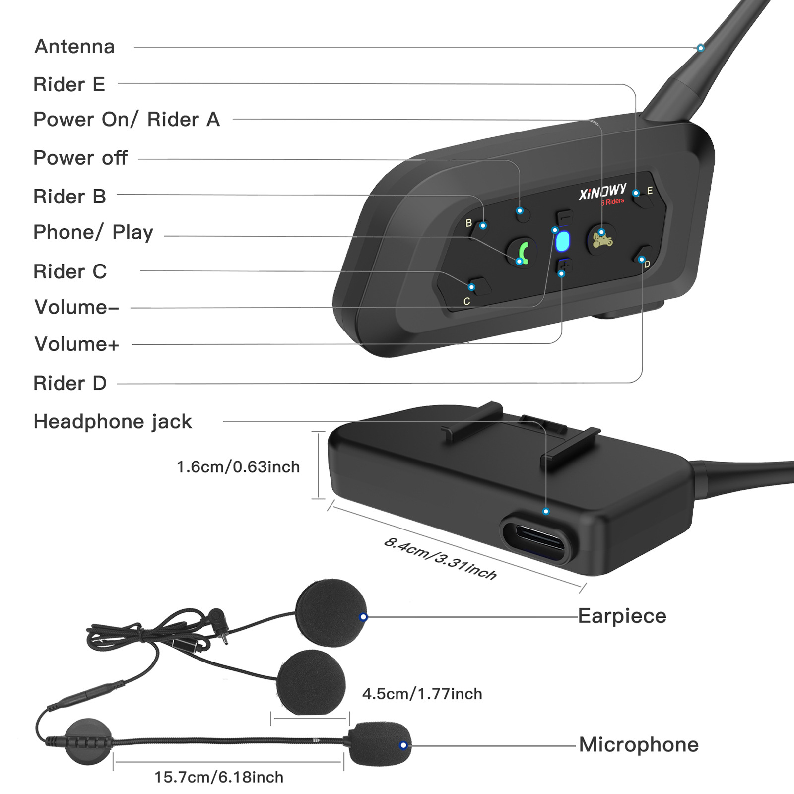 Xinowyv6Pro Motorcycle Helmet Bluetooth Headset 2-Person Intercom Helmet Intercom 3.5Mm/Typec Interface