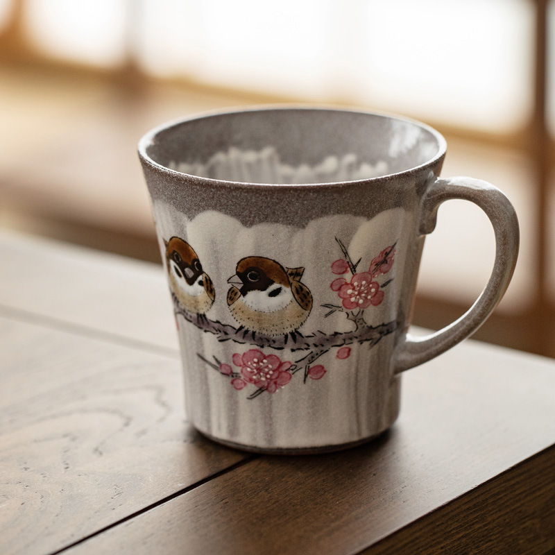 日本进口樱花雀陶瓷马克杯手工日式可爱耐热茶杯办公室咖啡杯|ru