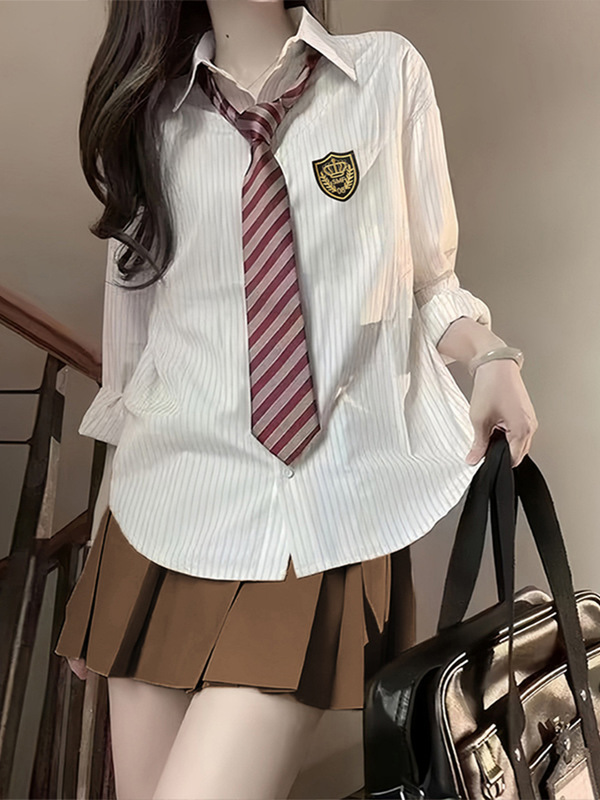 蓝色条纹衬衫上衣女春秋外穿百搭学院风韩系衬衣jk制服百褶裙套装|undefined