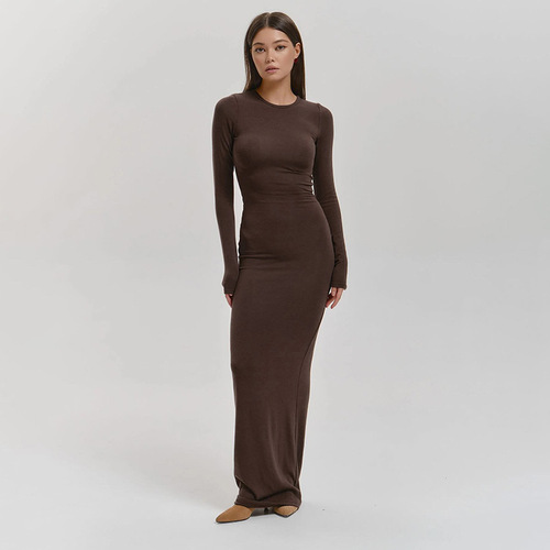 European and American autumn new women's solid-color round-neck long-sleeved basic long dress—wholesale for women
