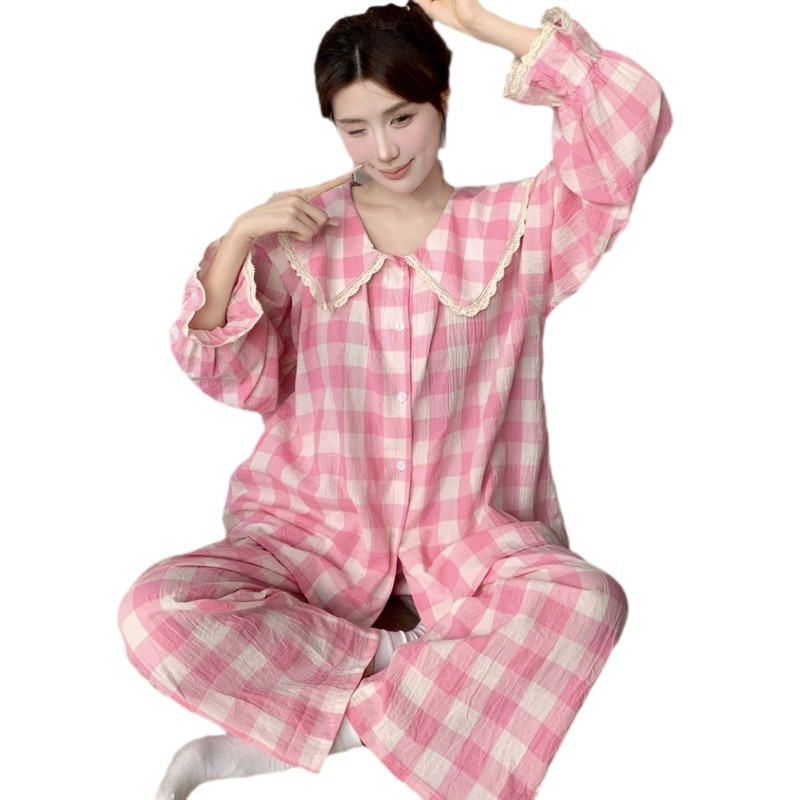 국경 간 대외 무역 2024 가을 새로운 달콤한 레이스 스티칭 대형 옷깃 체크 무늬 잠옷 여성 홈 의류 세트 여성