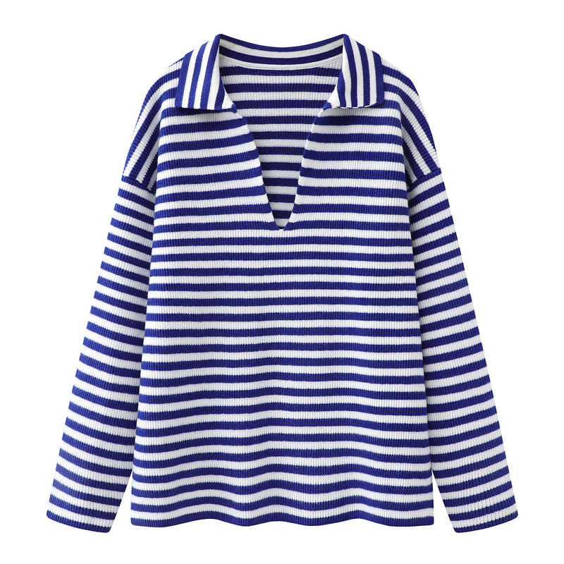 2026 Spring New American Old Money Style Navy Striped Sweater Women's V-Neck Soft and Elegant Knitted Top