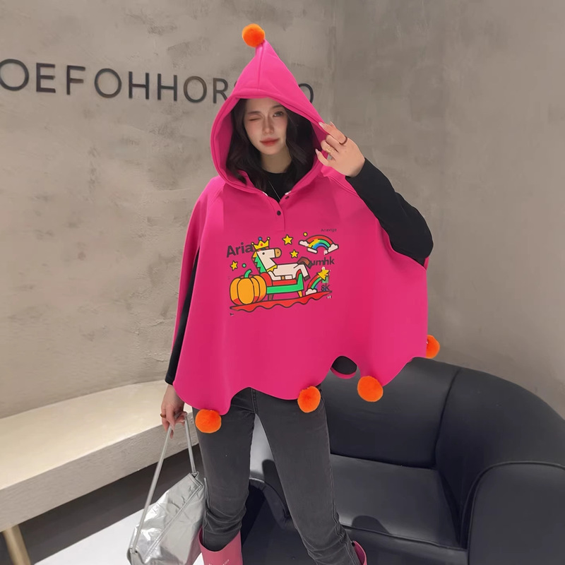 2026 Spring New Design Pointy Hat Sleeveless Sweatshirt with Cartoon Pony, Age-Reducing Loose Quirky Cape Hoodie 2026 Spring New Design Pointy Hat Sleeveless Sweatshirt with Cartoon Pony, Age-Reducing Loose Quirky Cape Hoodie