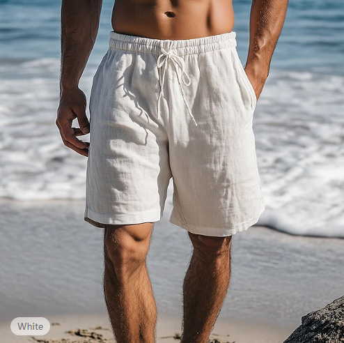 New Cross-Border Cotton and Linen Shorts with Drawstring Elastic Waist, Straight-Leg, Solid Color, Breathable, Everyday Beach Casual Mid-Length Shorts