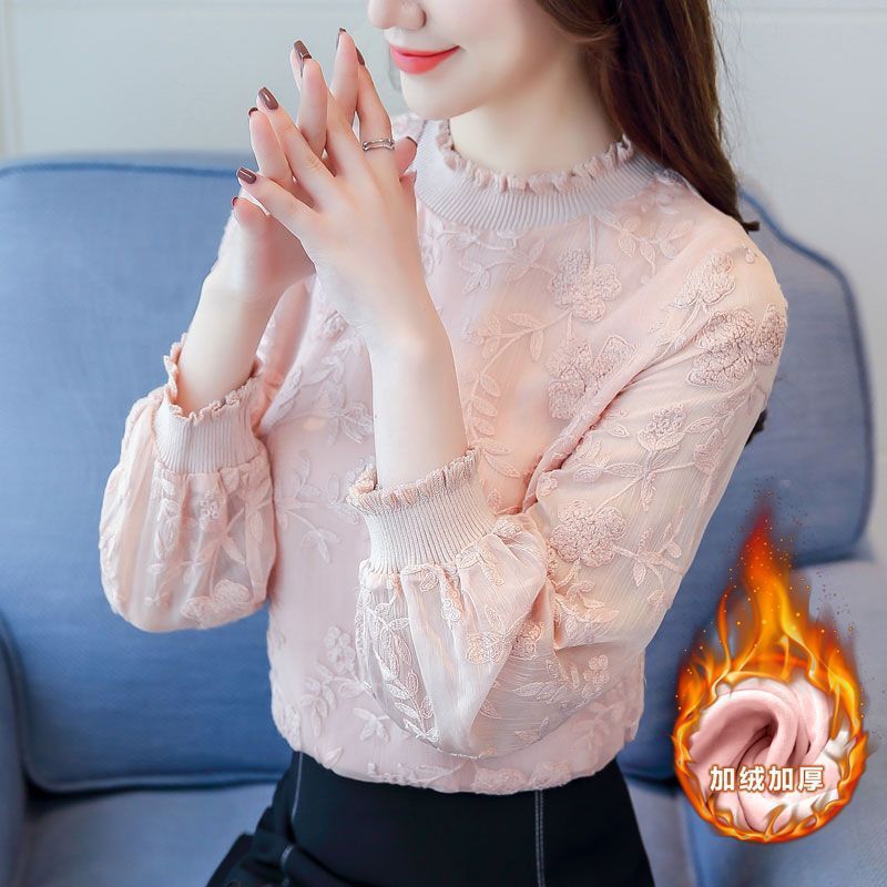加厚保暖蕾丝衫2025秋冬新款韩版洋气上衣女装网纱加绒长袖打底衫|undefined