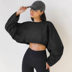 クロスボーダーラウンドネックスウェットシャツ、ヨーロッパとアメリカの女性用ショートスポーツボトムスシャツ、Tシャツ、ニットセーター、長袖ルーズトップス、トレンディ