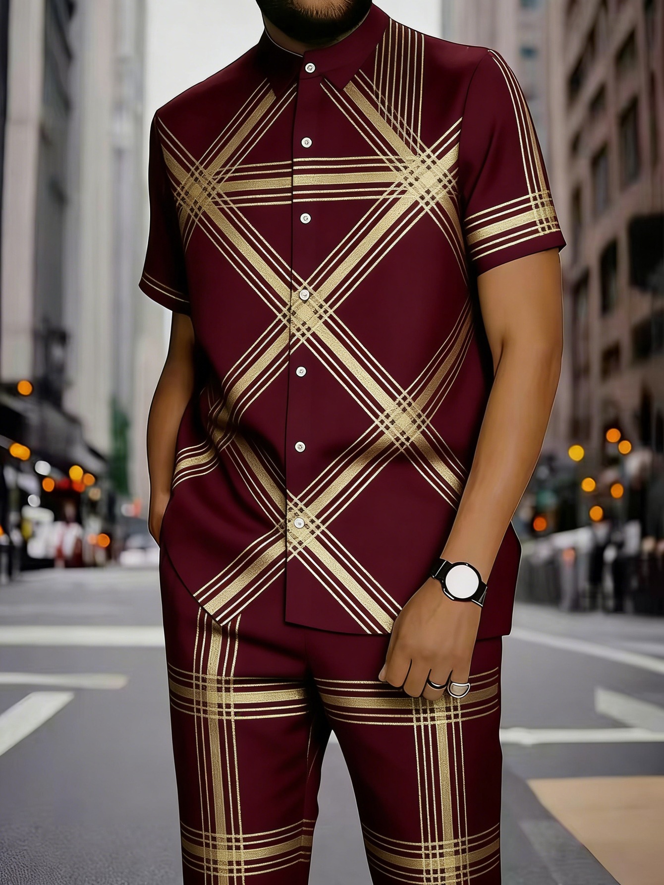 Men's Clothing Men's Commuter Style Short Sleeve Shirt And Shorts Set Collared Geometric Print Spring Summer_viptrois.com