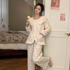 冬季新款睡衣甜美娃娃领花边印花图案居家保暖防寒夹棉套装可外穿