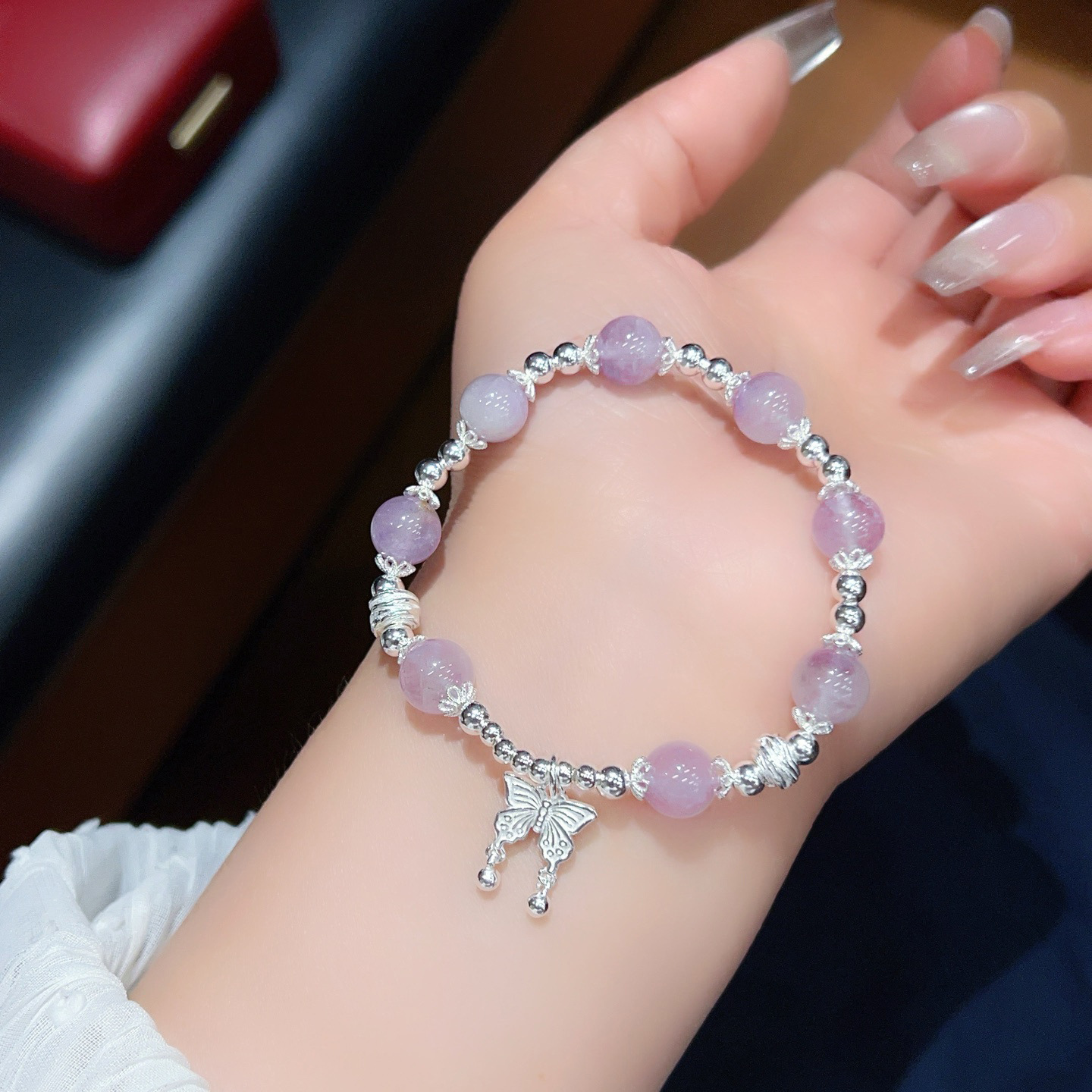 S925 pulsera de mariposa de amatista de plata esterlina joyería de plata femenina con cuentas diseño de nicho pulsera de cristal rosa regalo para novia