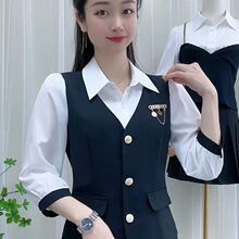 假两件衬衫上衣2025春季新款时尚气质减龄收腰显瘦衬衣+裤子套装