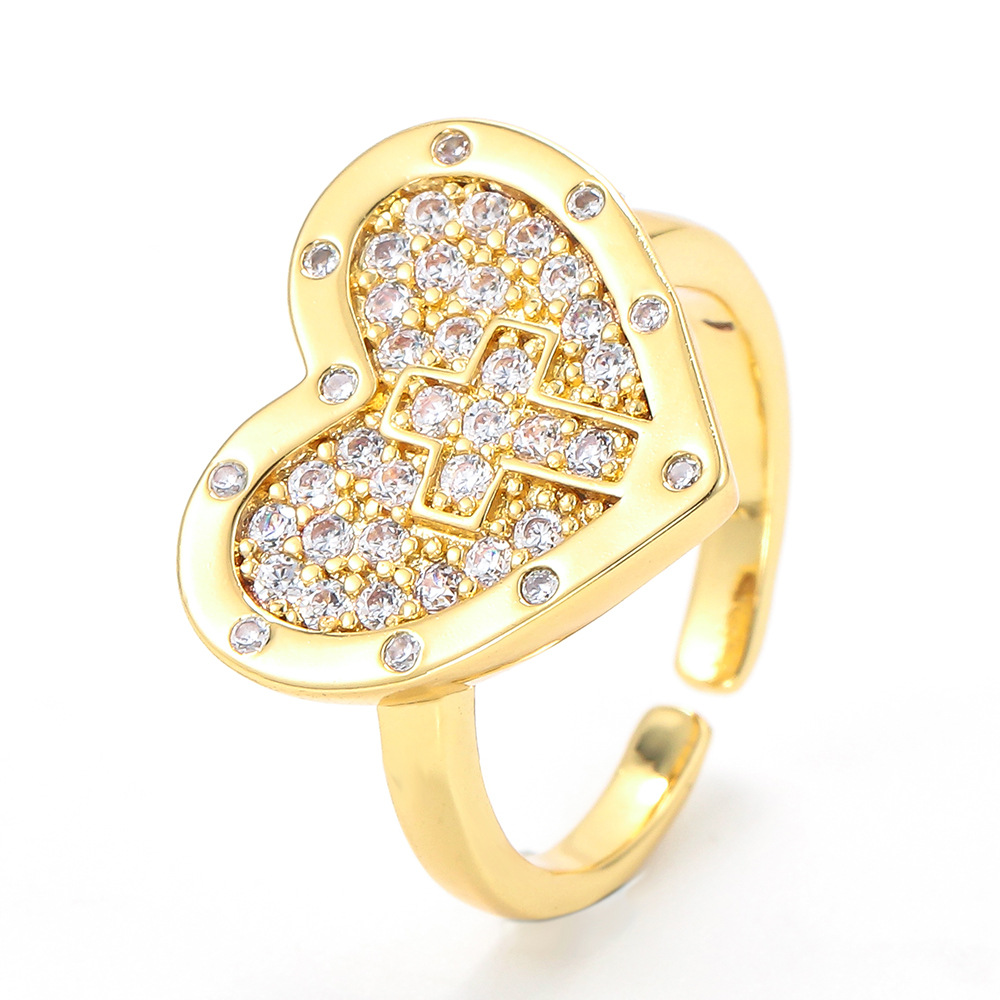 4g Weight Zircon Inlay Material Wholesale Heart-shaped Cross Micro-inlaid Zircon Opening Adjustable Ring Nihaojewelry