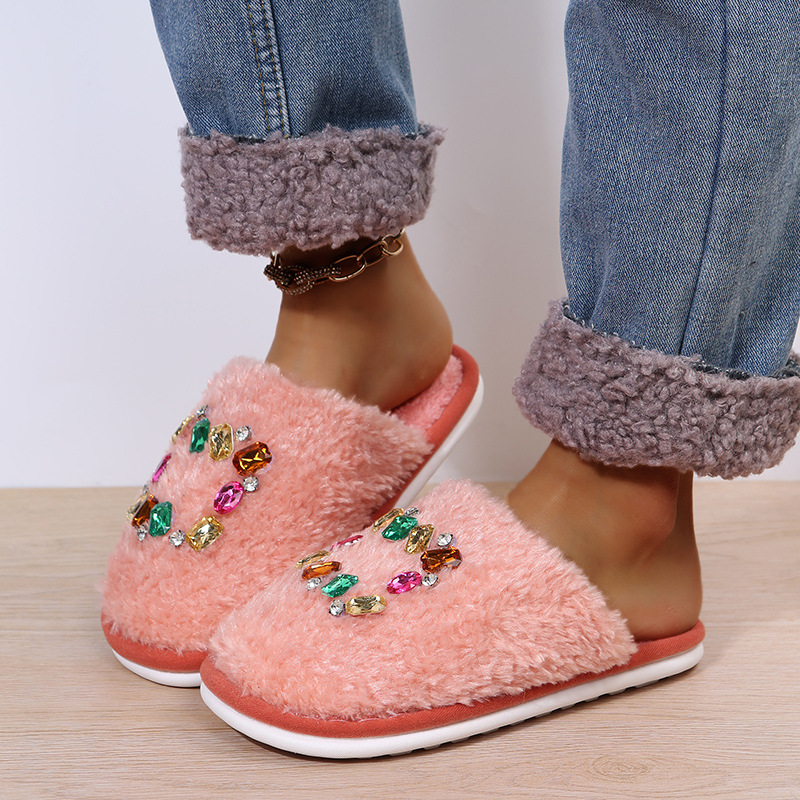 Colored Furry Rhinestone Flat Bottom Slippers NSKJX104248