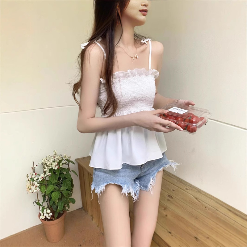 Hong Kong-style Ruffled Sling Pleated Tube Top Sweet and Hot Women's Vest 2025 Summer New Style Strap Outer Wear Short Top