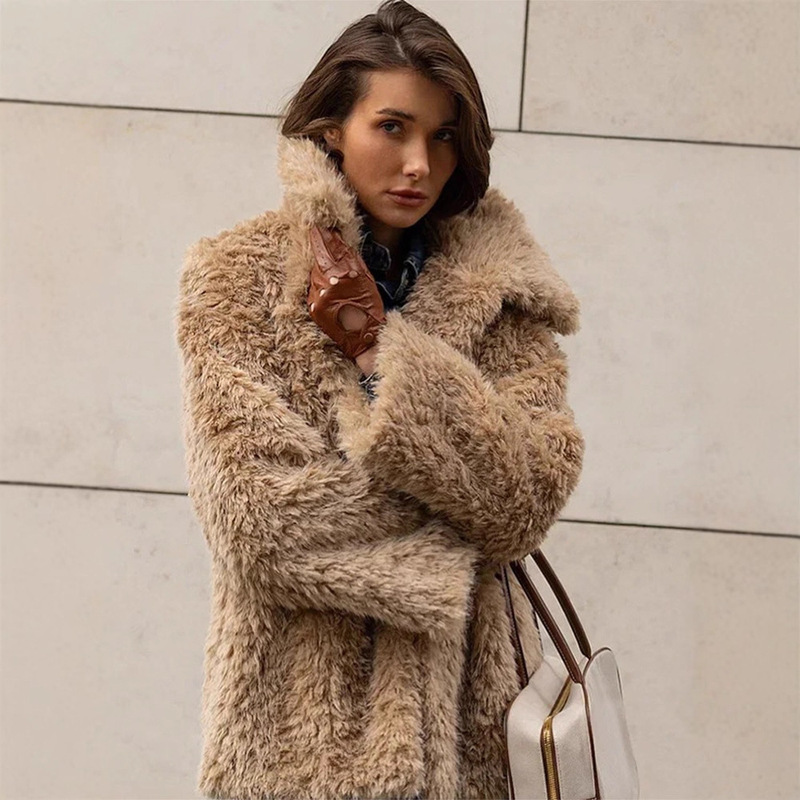 Korean Style Casual Style Pure Color Curly Fur Collar Long-Sleeved Lapel Fur Jacket 2025 Autumn and Winter Cross-Border European and American Style