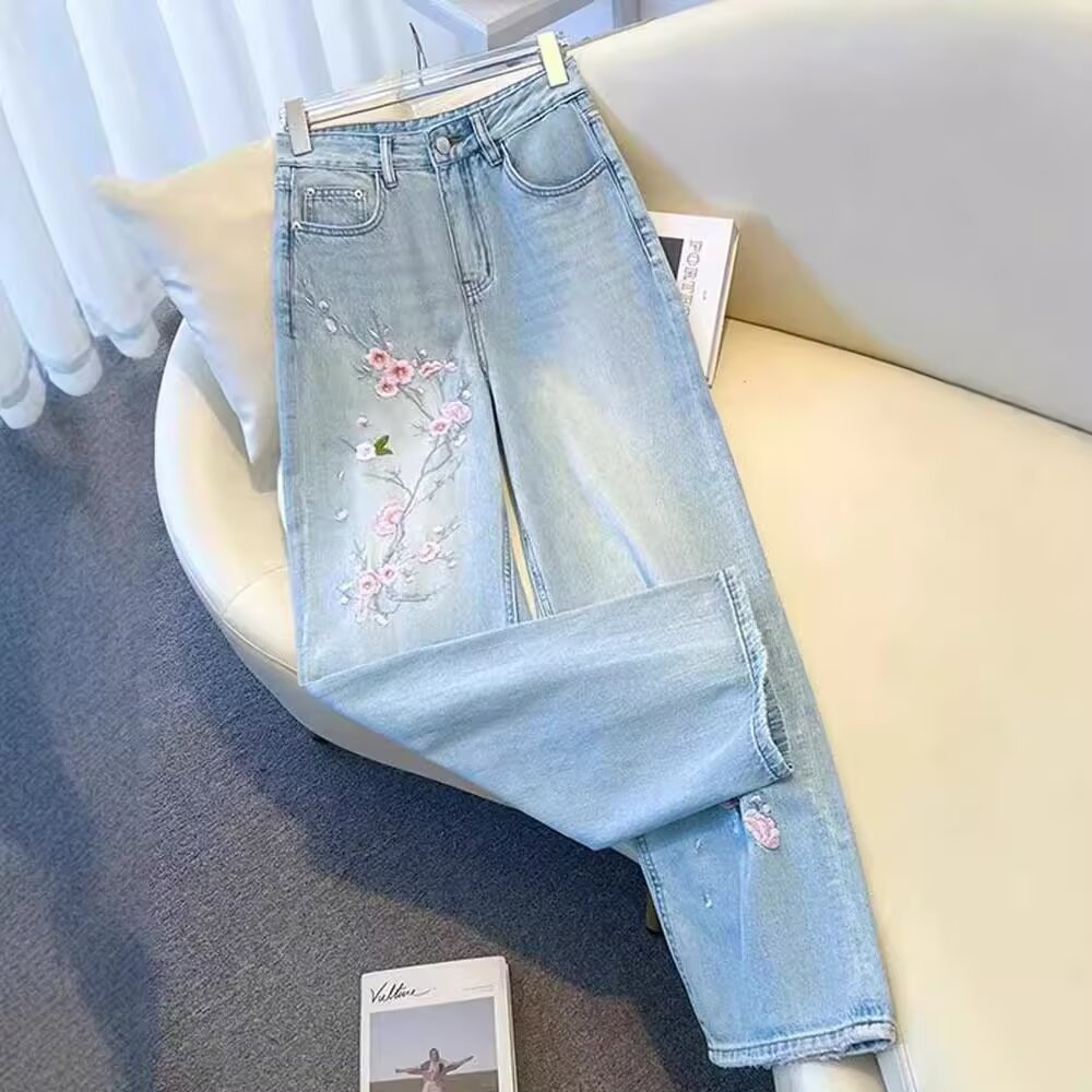 Guofeng New Chinese Light Color Jeans Women's New High Waist Narrow Straight Leg Pants Embroidered Spring Fashionable Wide Leg for Girls