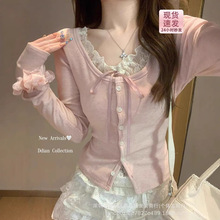 【莫代尔人棉260克】假两件粉色蕾丝拼接长袖T恤女纯欲内搭上衣