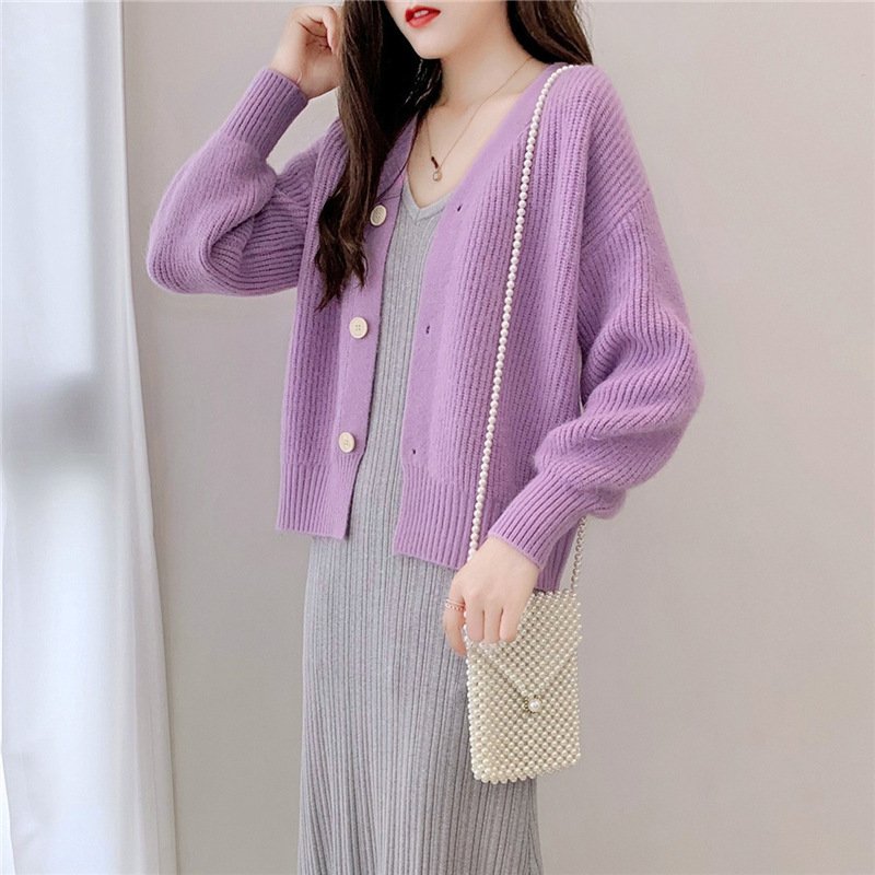 French V-Neck Candy Color Long Sleeve Cardigan Women's Loose Knit Sweater Coat Casual Elegant Outerwear_ecoleips.com