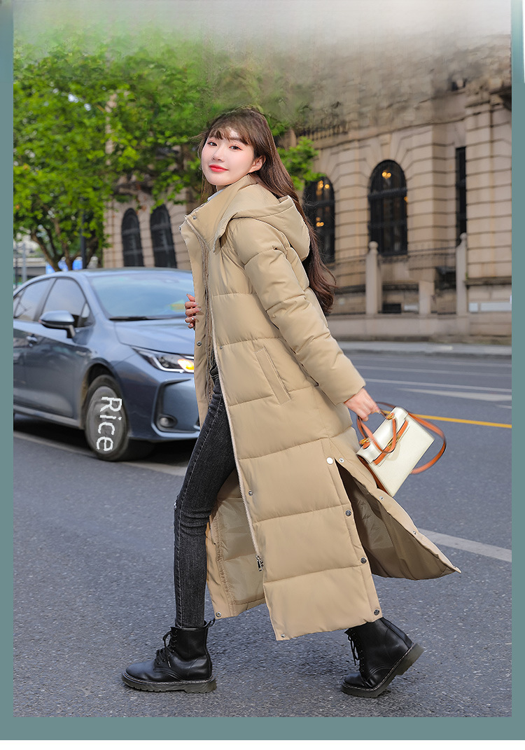 Long over-the-knee hooded Warm jacket jacket women's winter coat thickened warm over-the-knee solid color casual slim-fit cotton-padded jacket fashion_voghion.com