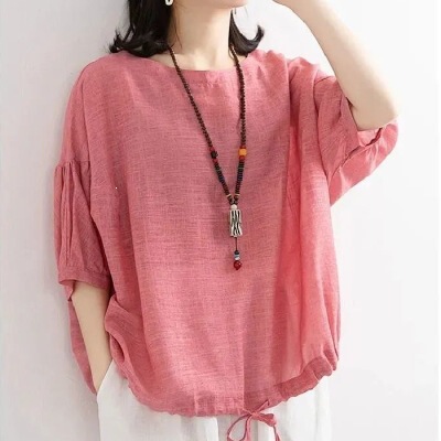 Thailand's New Loose-Fitting Large-Size Casual T-Shirt Women's Batwing Shirt with Drawstring Hem, Round Neck, Mid-Sleeve Pullover Top for Summer Thailand's New Loose-Fitting Large-Size Casual T-Shirt Women's Batwing Shirt with Drawstring Hem, Round Neck, Mid-Sleeve Pullover Top for Summer