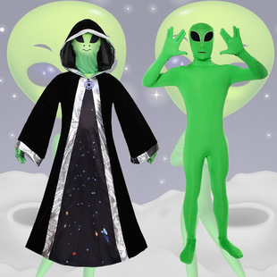 Cross-Border New Product Halloween Performance Cos Costume One-Piece Bodysuit Cosplay Green Alien Cloak
