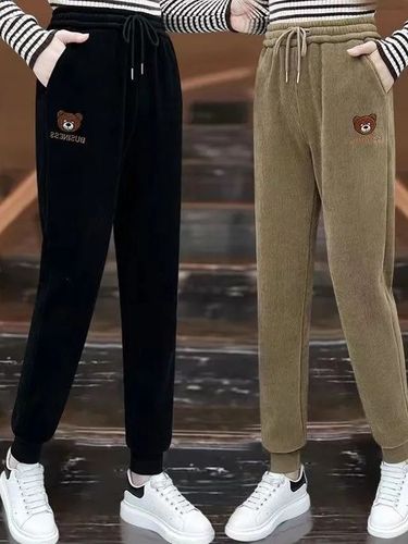 Women's  Autumn/Winter Thicker Fleece Lined High-Waisted Ankle Pants, Slimming Bear Embroidered Corduroy Casual Sports Pants